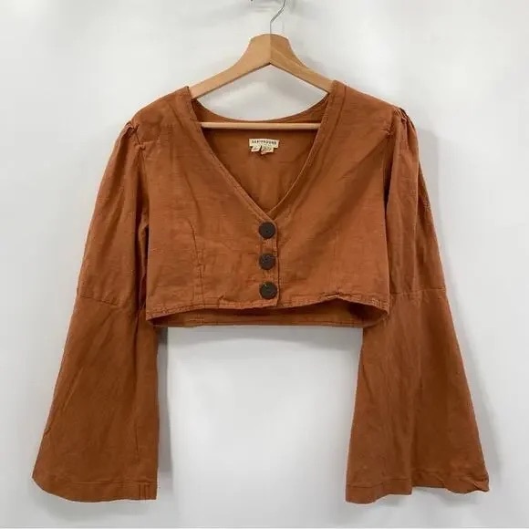 EARTHBOUND Long Bell Sleeve Embroidered Butterfly Crop Button Front Top - Picture 2 of 10